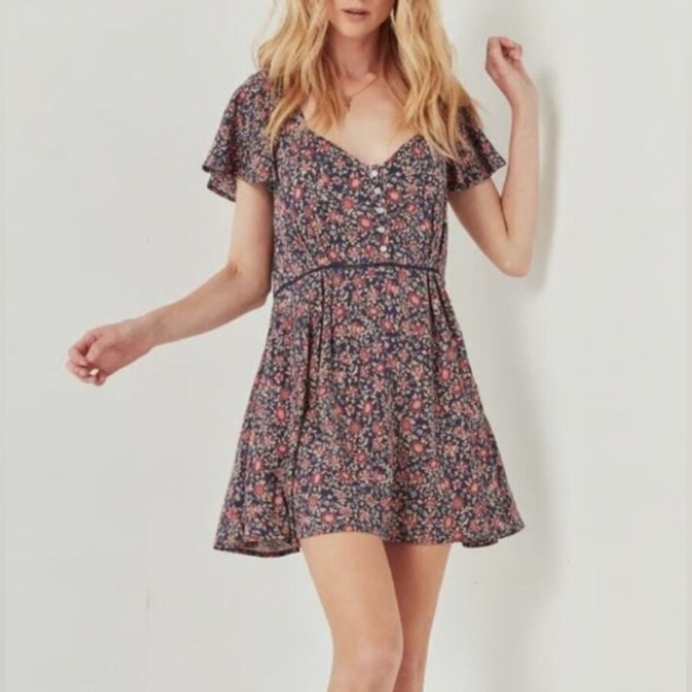 Spell & The Gypsy Jasmine Navy Blue Floral Babydoll 90's Mini Dress Size Small